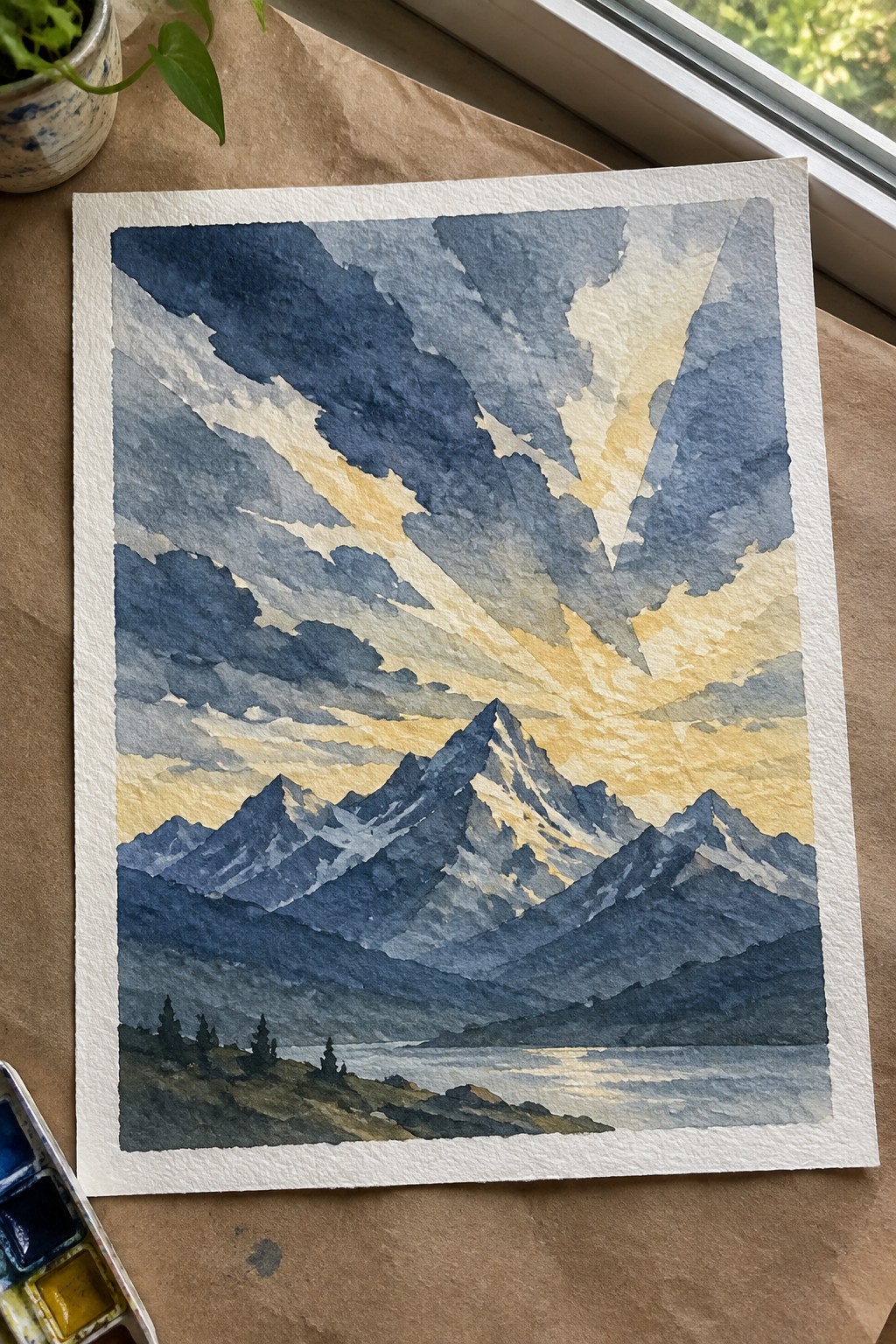 Watercolor painting of jagged mountains with golden sun rays piercing dramatic blue-gray clouds above a lake.