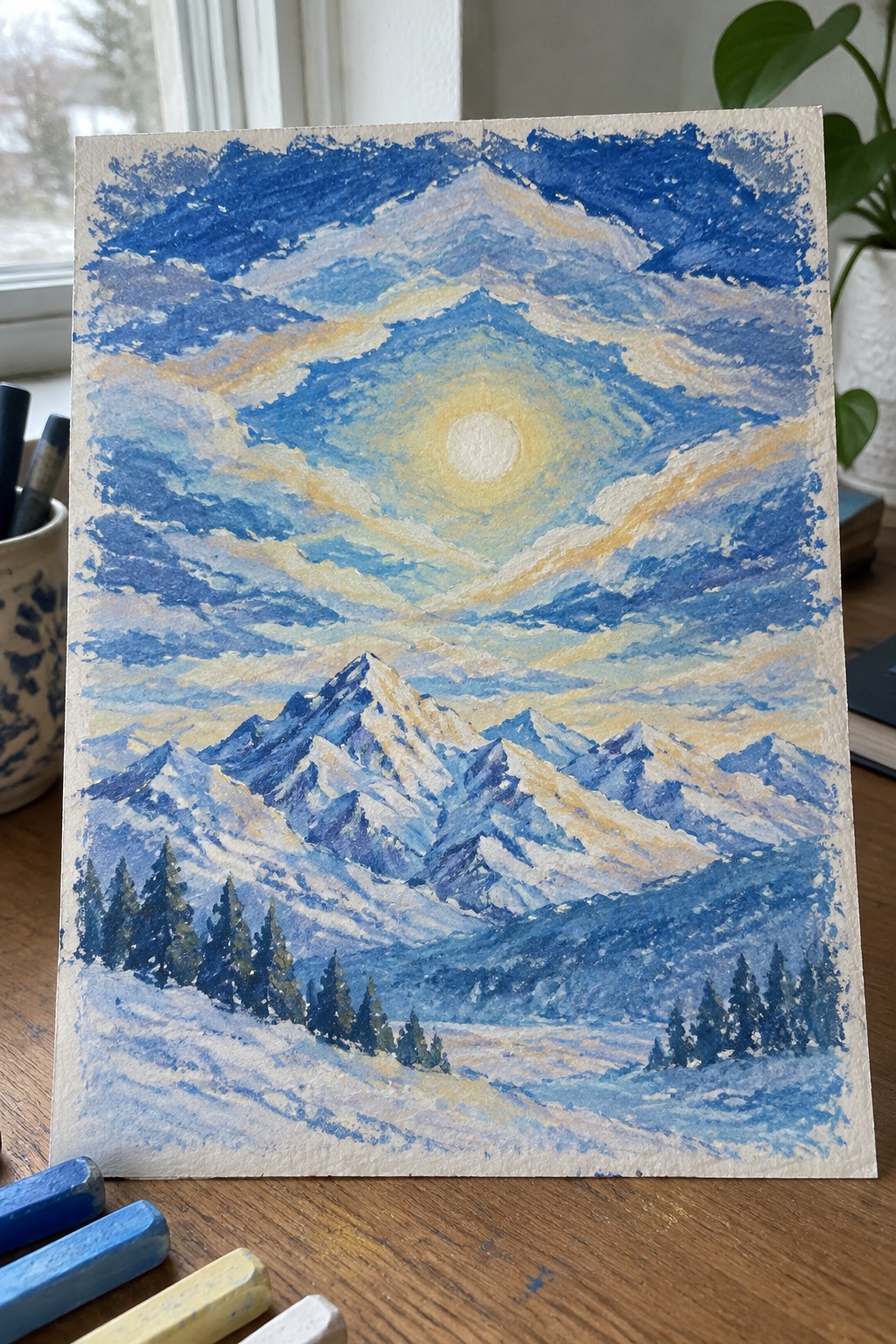 Pastel painting of snowy mountains under a glowing sun with blue clouds and pines