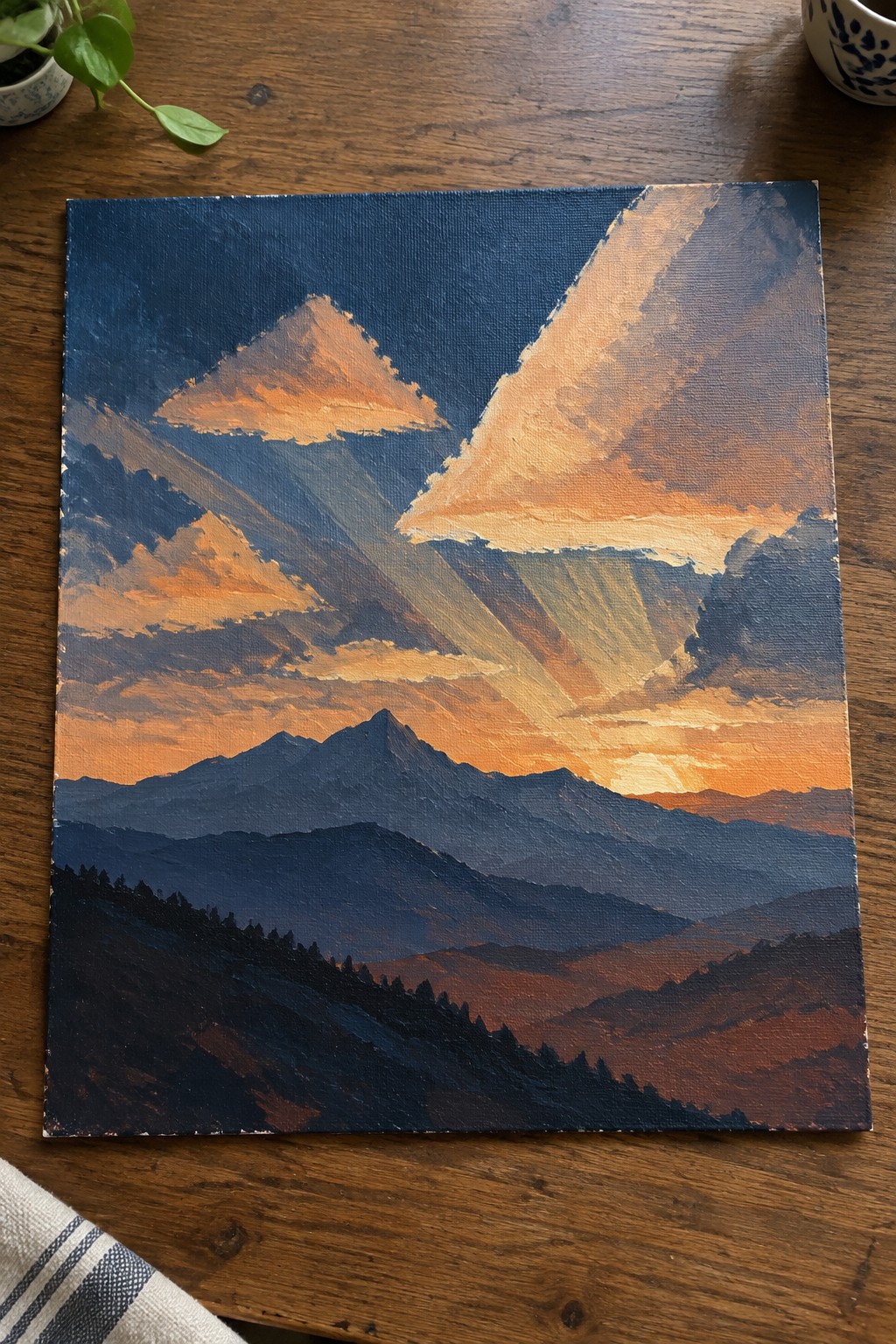 Stylized canvas painting of layered mountains at sunset with glowing orange sun rays