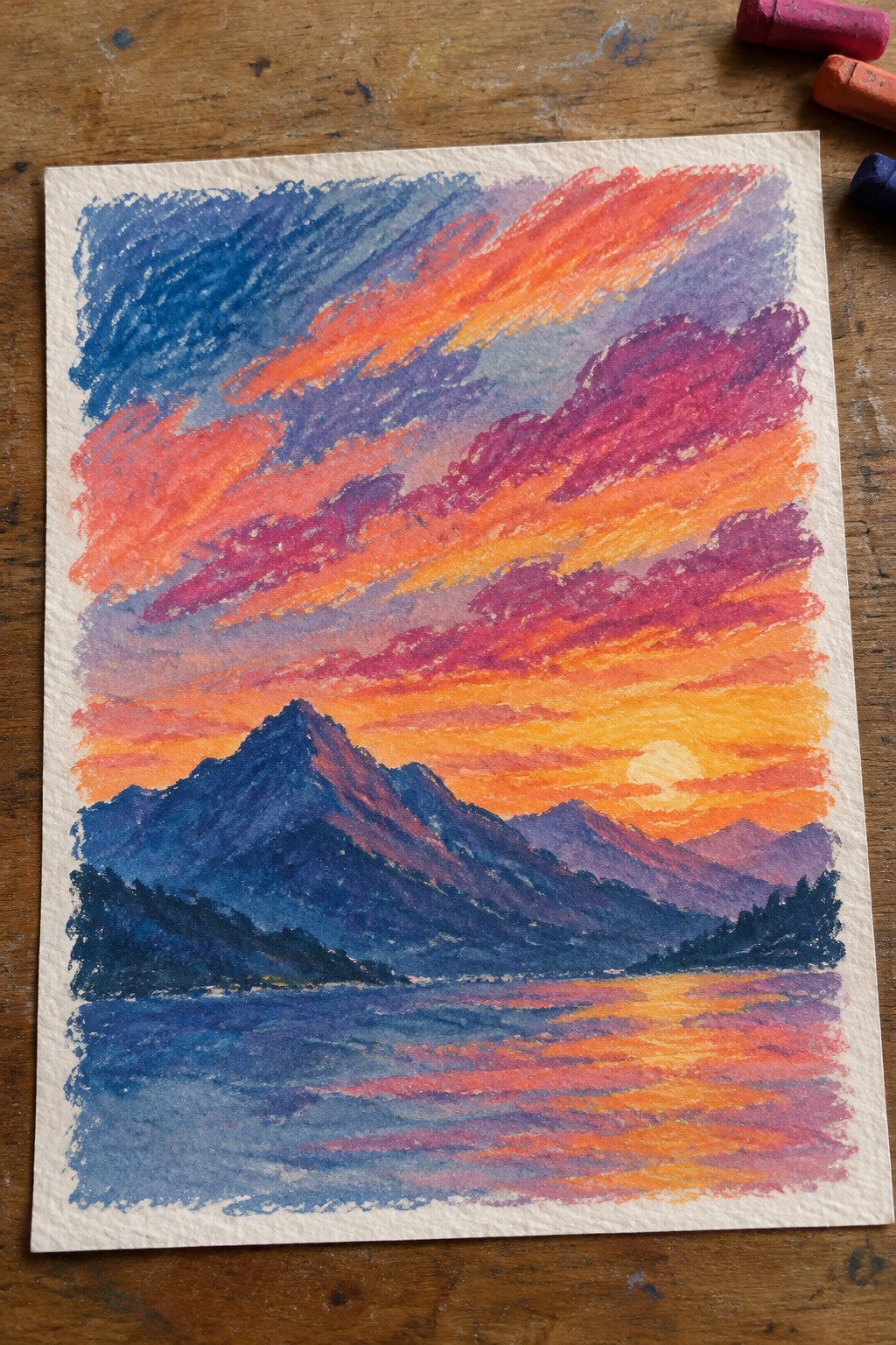 Vibrant pastel sunset over dark mountains with orange-red clouds reflecting in water