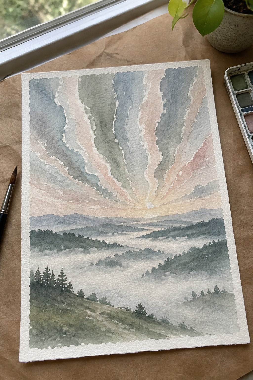Watercolor painting of misty mountains at sunrise with radiating pastel sky and pine trees
