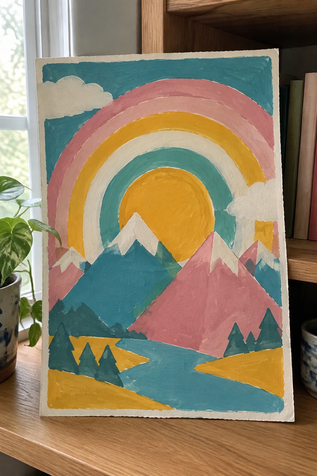 Vibrant painting of rainbow over pink mountains, yellow sun, and winding blue river