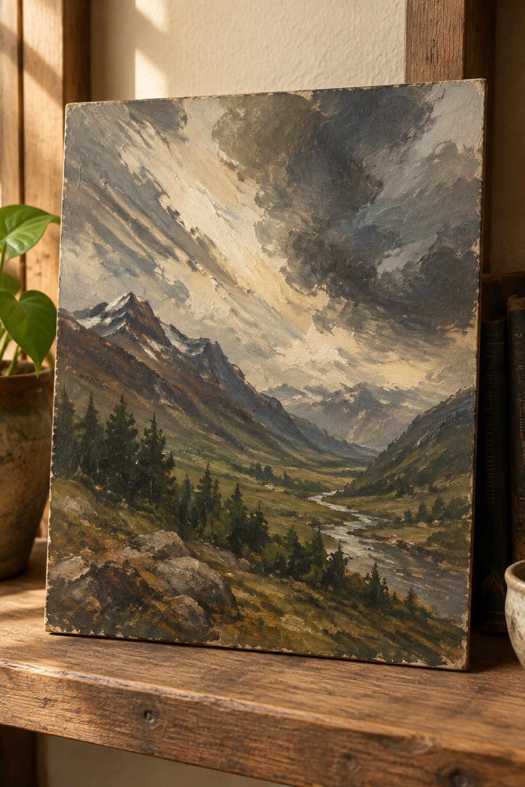 Rustic oil painting of cloudy mountain valley on wooden table beside plant and books