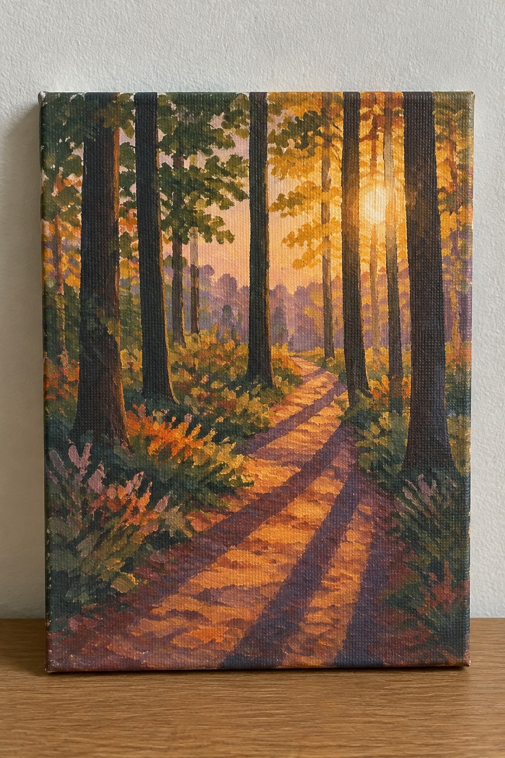 Vibrant painting of winding forest path at sunset with tall trees and autumn colors