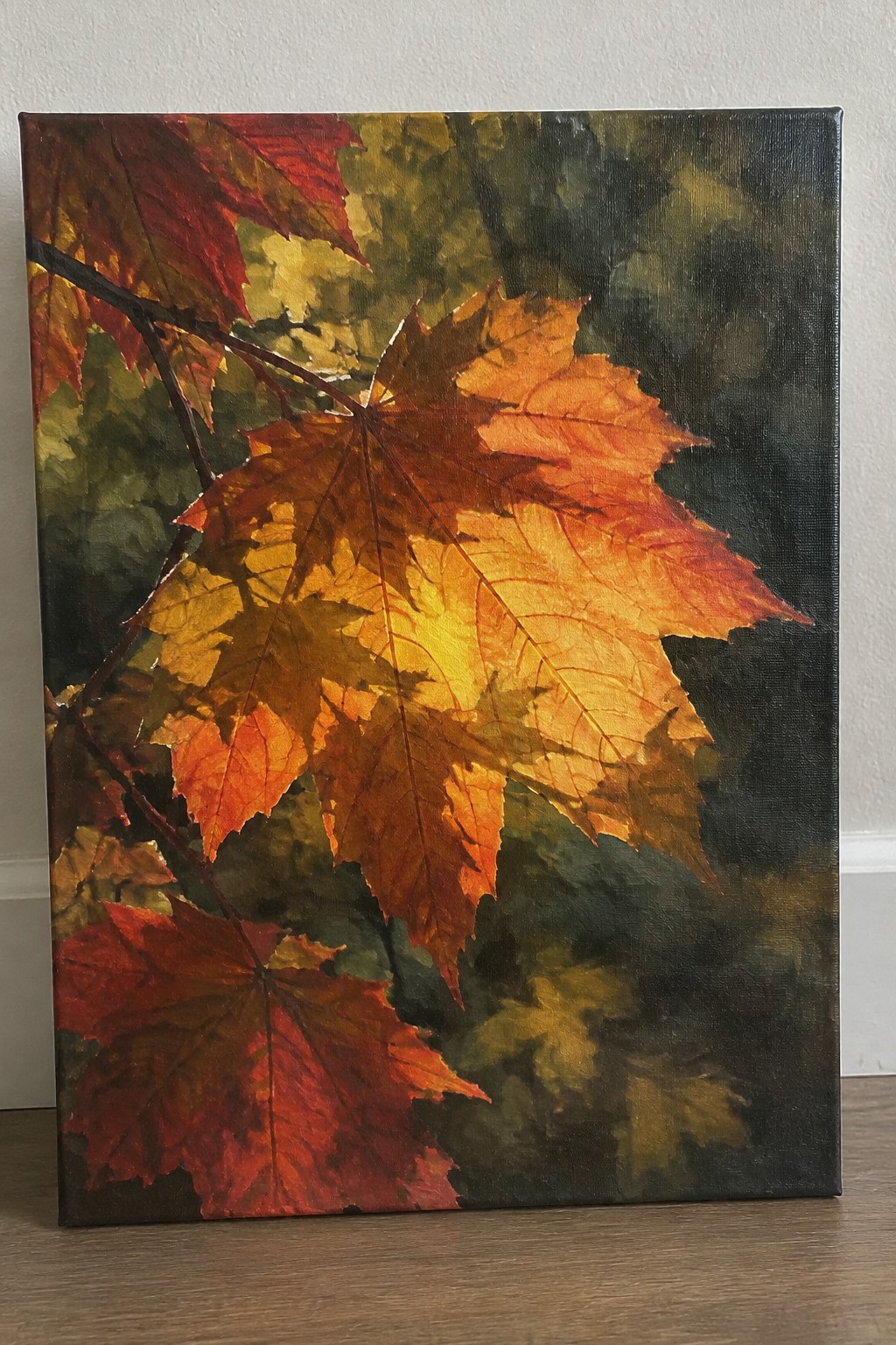 Vibrant red, orange and yellow maple leaves on dark canvas painting.