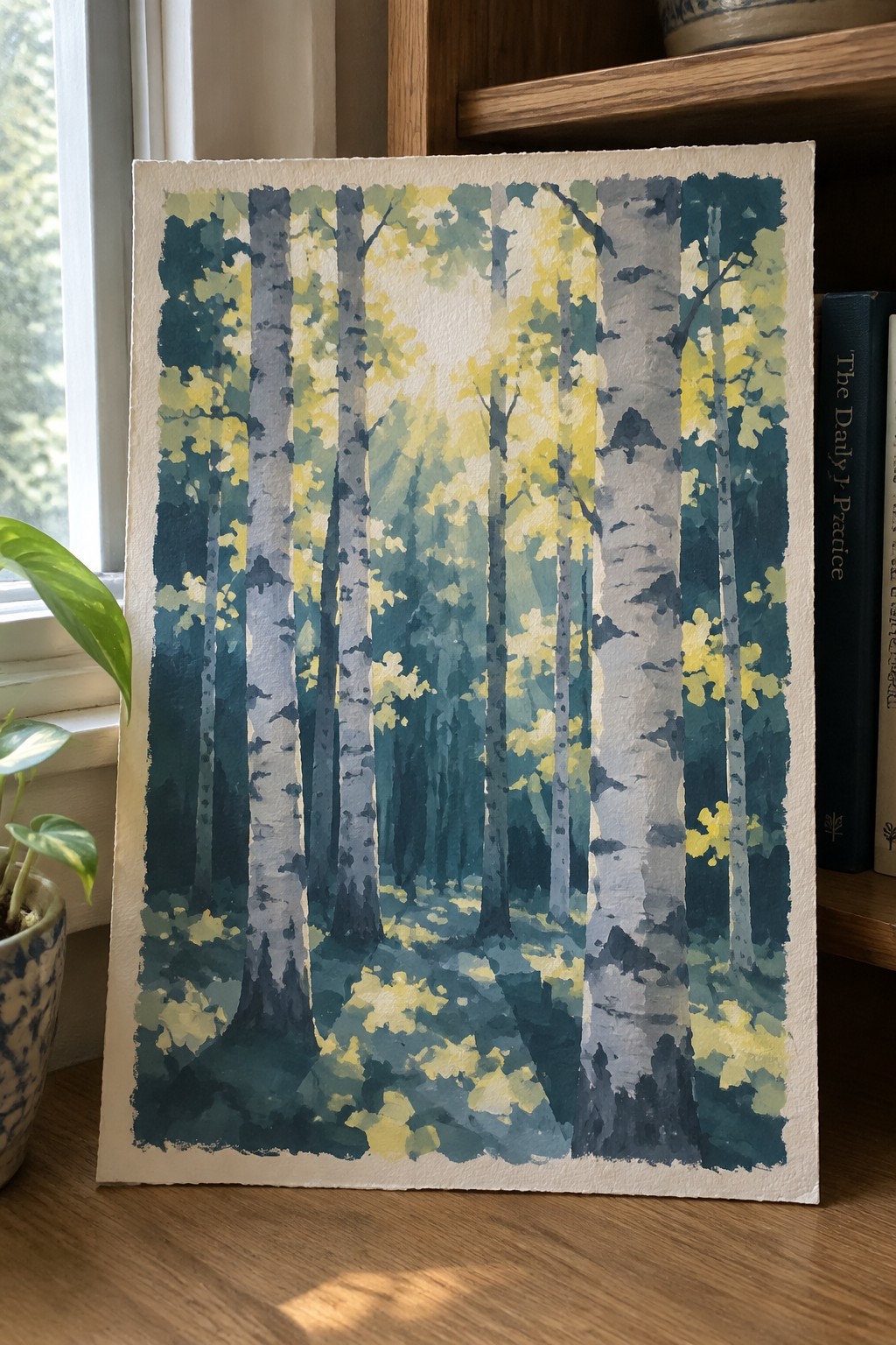 Watercolor painting of sunlit birch forest with white trunks and yellow leaves beside plant and books