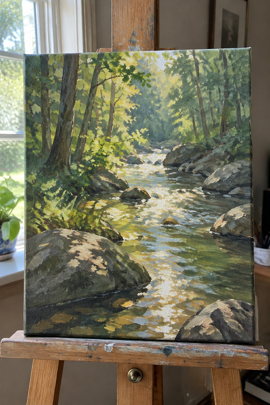 Oil painting on easel of sunlit rocky forest stream with green trees