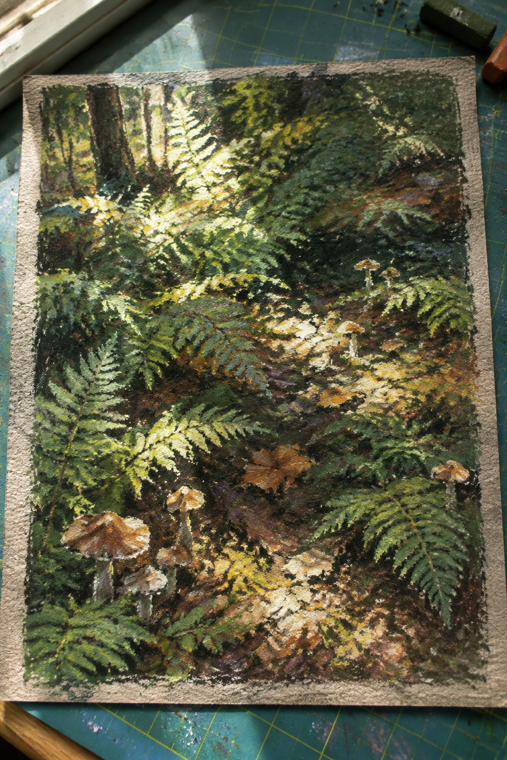 Vibrant pastel painting of sunlit forest floor with ferns and mushrooms