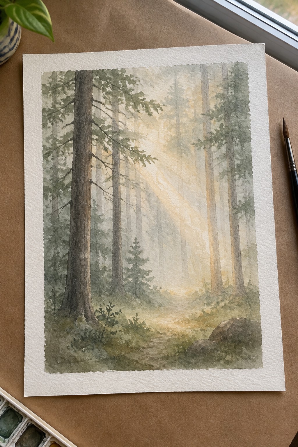 A watercolor painting of tall trees in a forest with sunlight rays shining through the mist onto a path.