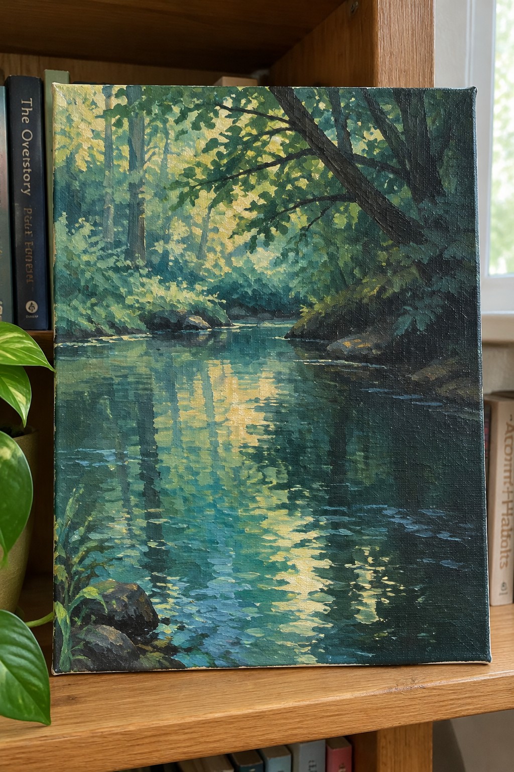 Impressionistic painting of sunlit river in lush green forest on wooden shelf