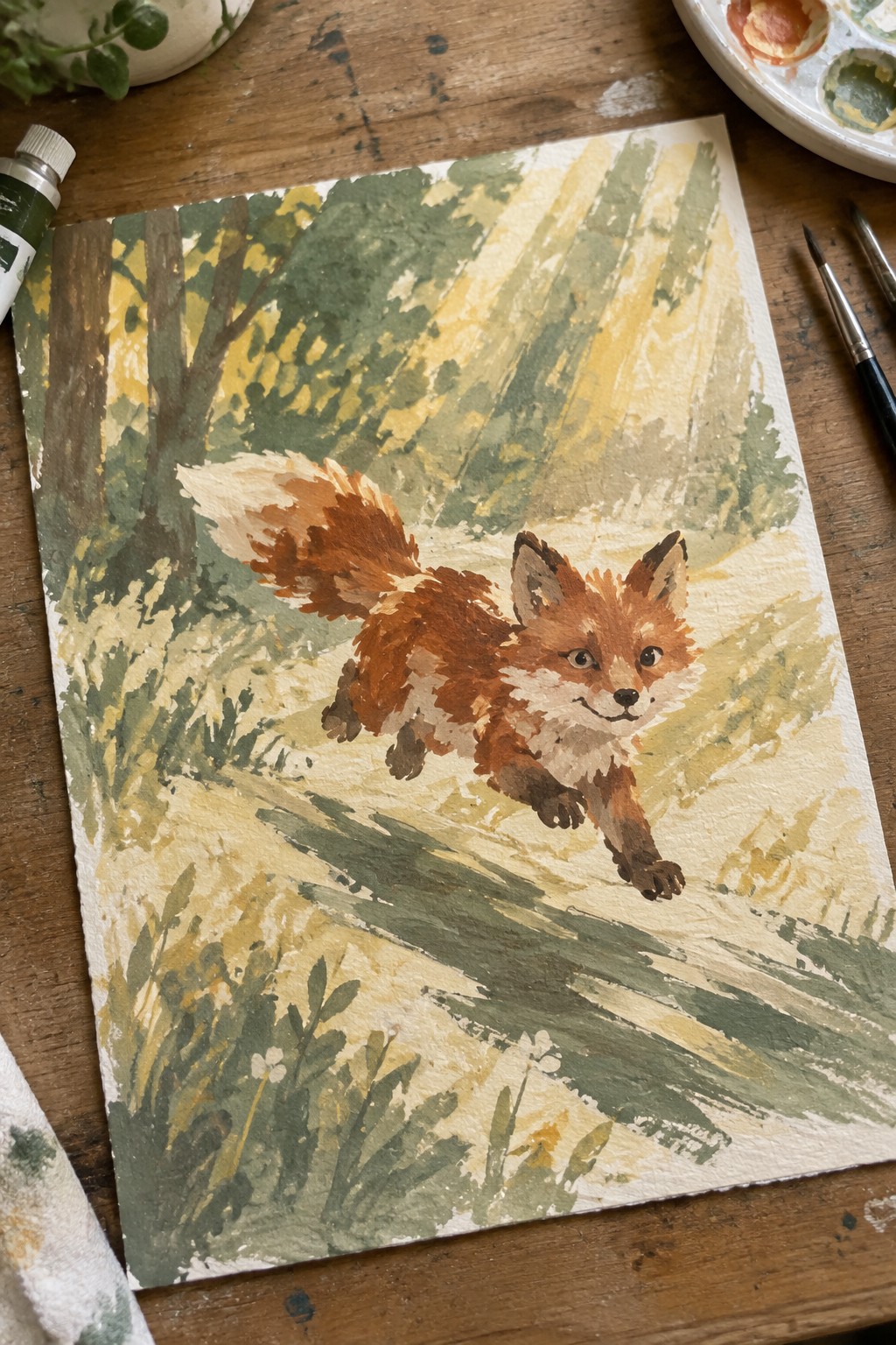 Running fox in forest watercolor amid brushes, palette on wooden table