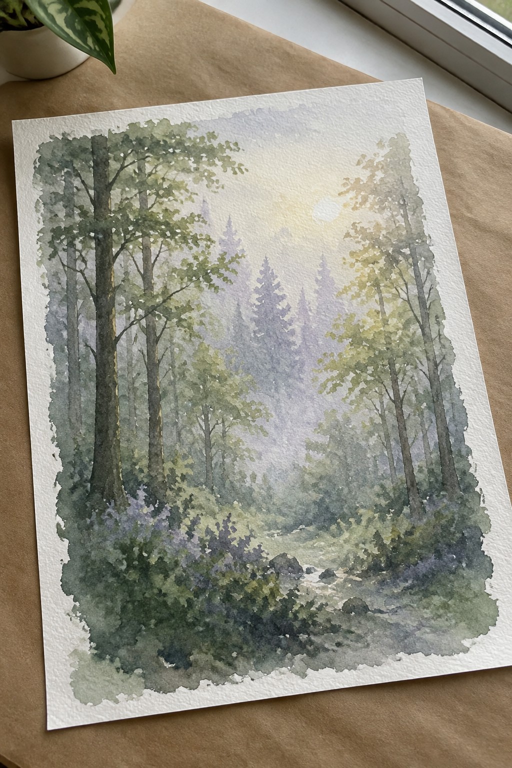 Watercolor painting of misty forest with tall trees, sunlight, stream, and purple flowers