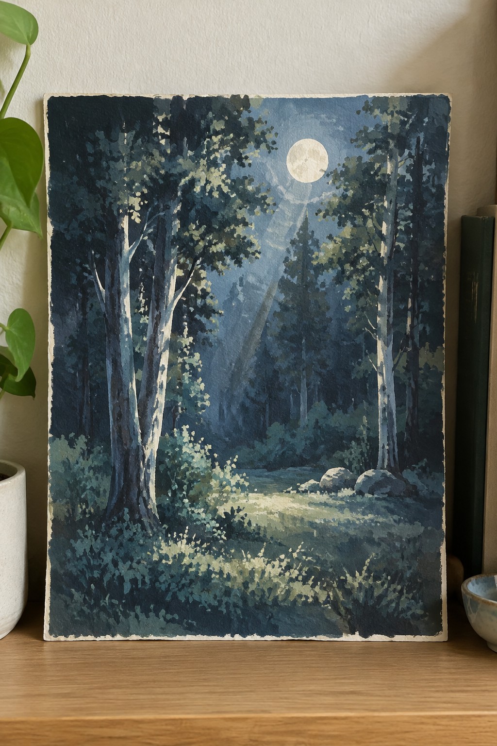 Moonlit watercolor forest with tall white trees, full moon, and rocky path in blues and greens.
