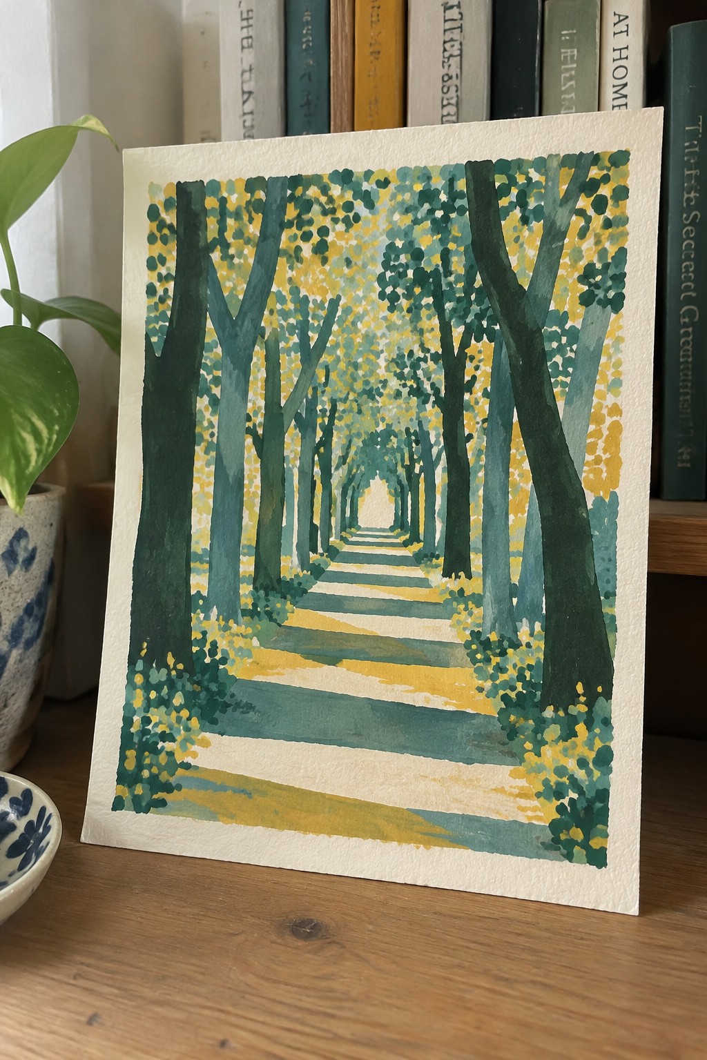 Watercolor painting of a sunlit green and yellow tree-lined forest path receding into the distance.
