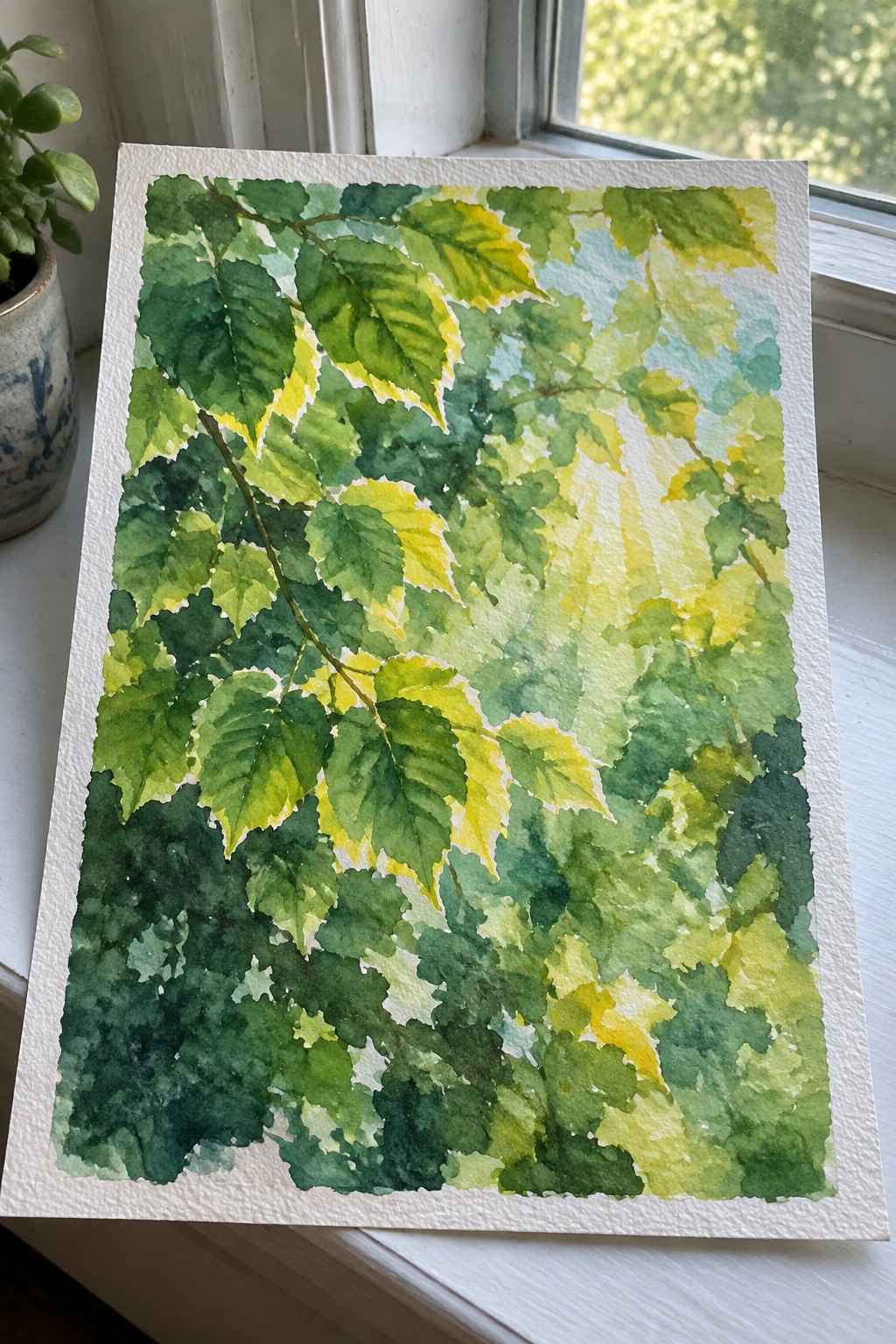 Watercolor painting of lush green leaves with sunlight rays on a windowsill.