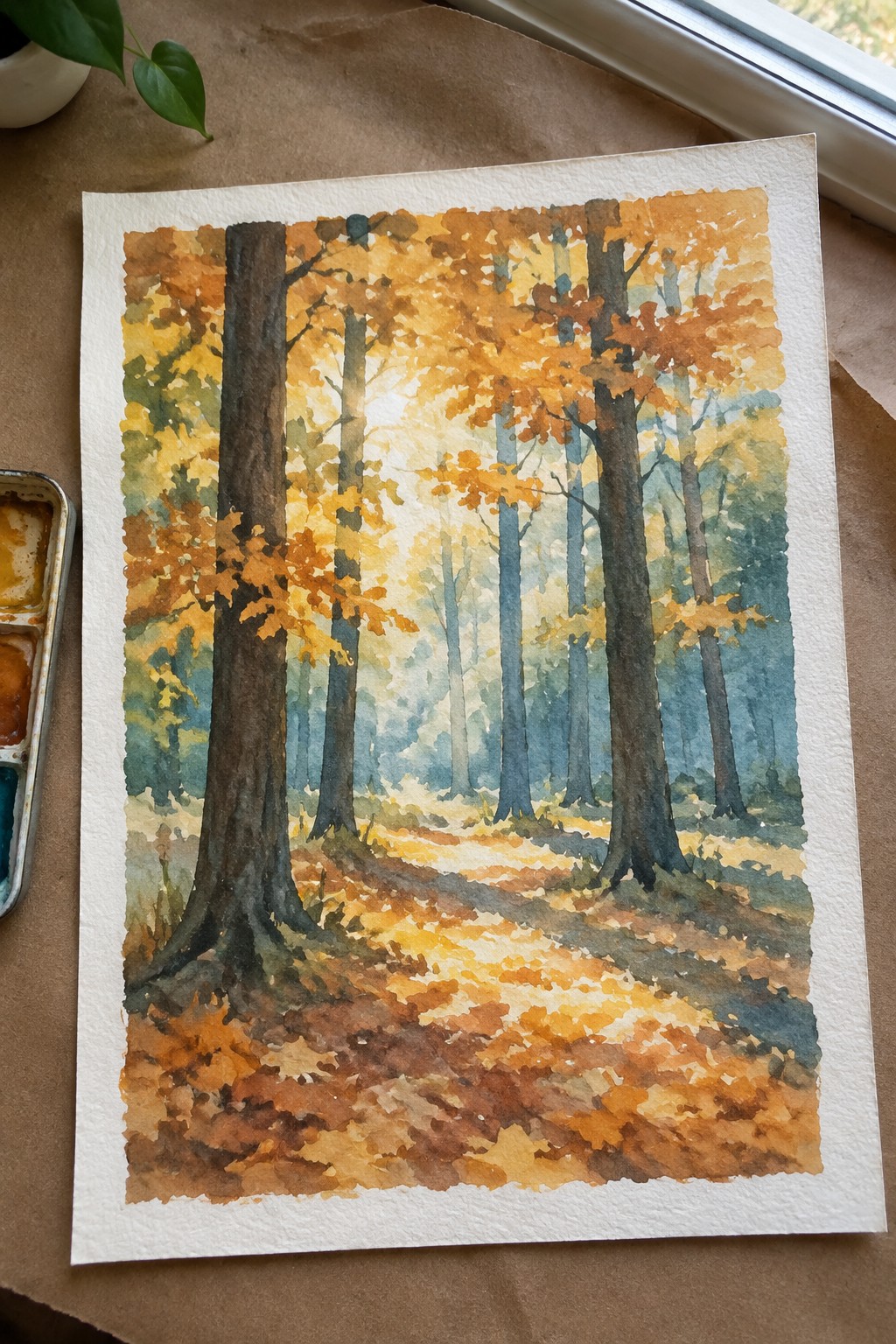 Watercolor of sunlit autumn forest path with golden leaves and tall trees
