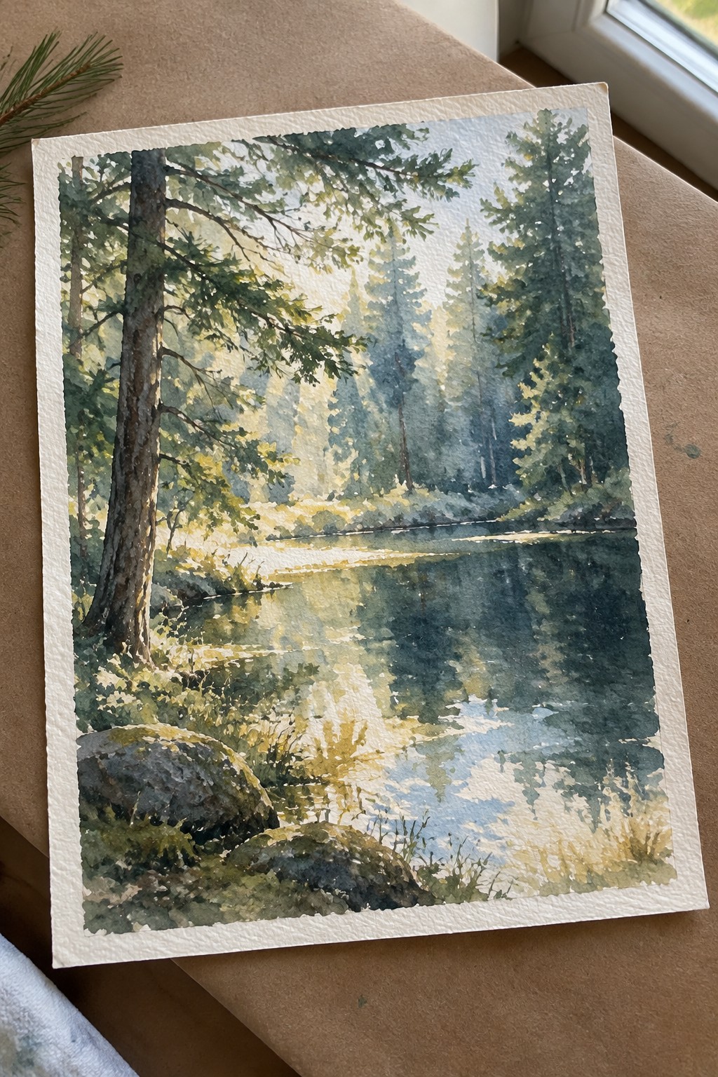 Watercolor of sunlit pines reflected in calm woodland lake with foreground rocks