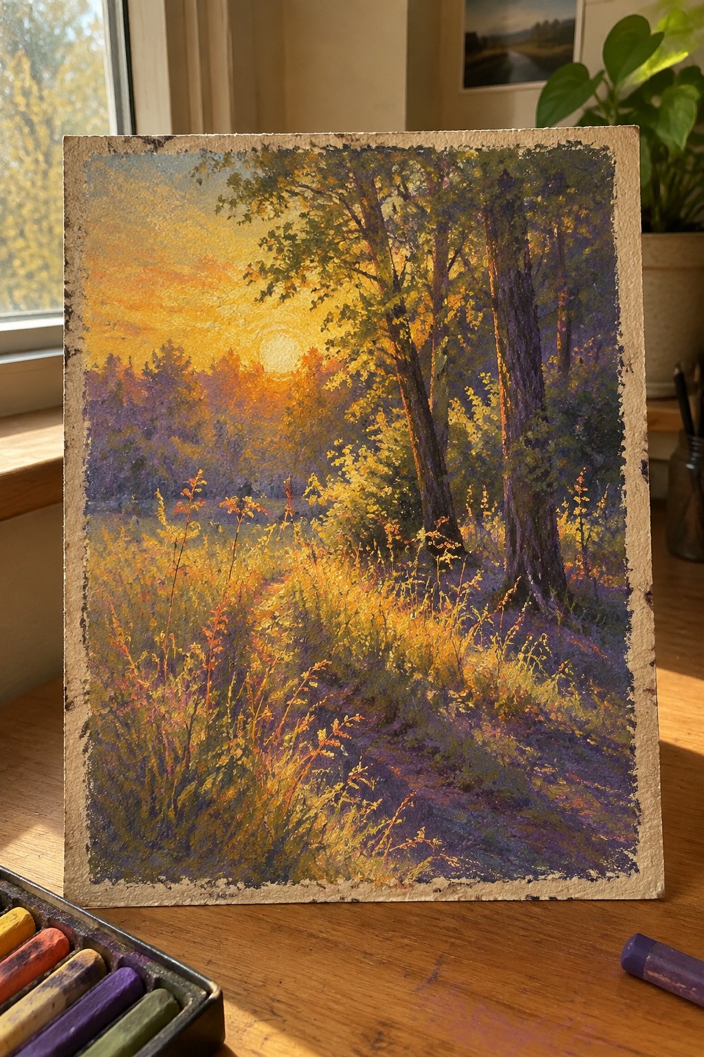 A painting of a forest meadow at sunset showing a path through tall wildflowers and grasses with trees and a bright sun in the background.