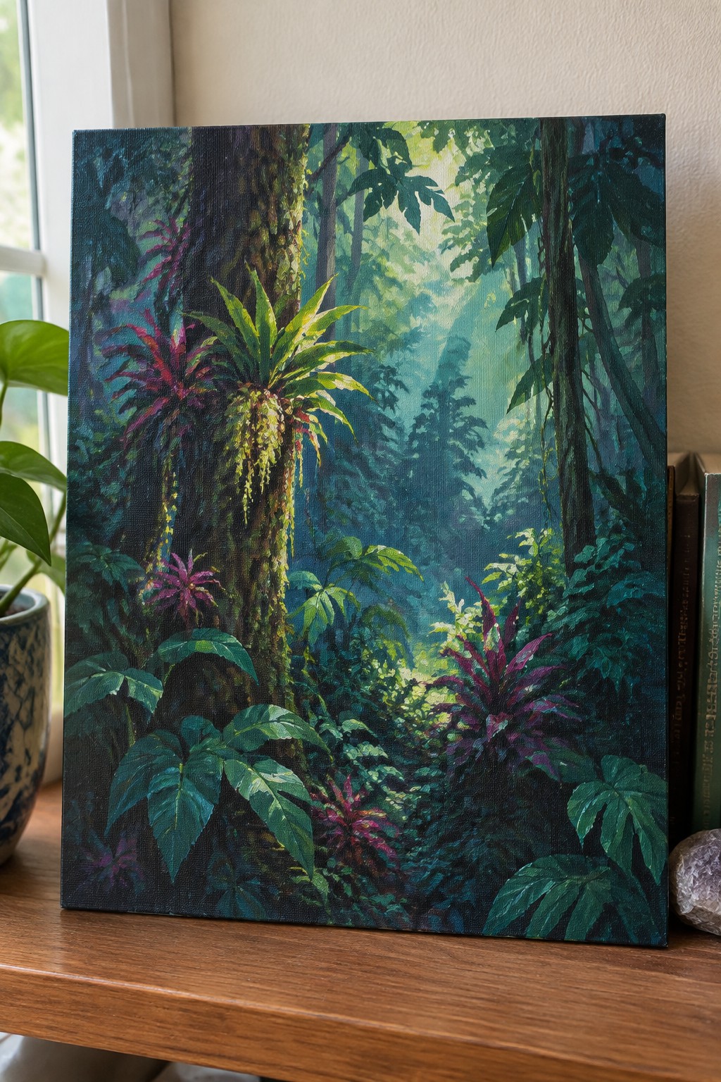 Lush jungle painting on canvas with tall trees, hanging vines, and vibrant purple plants