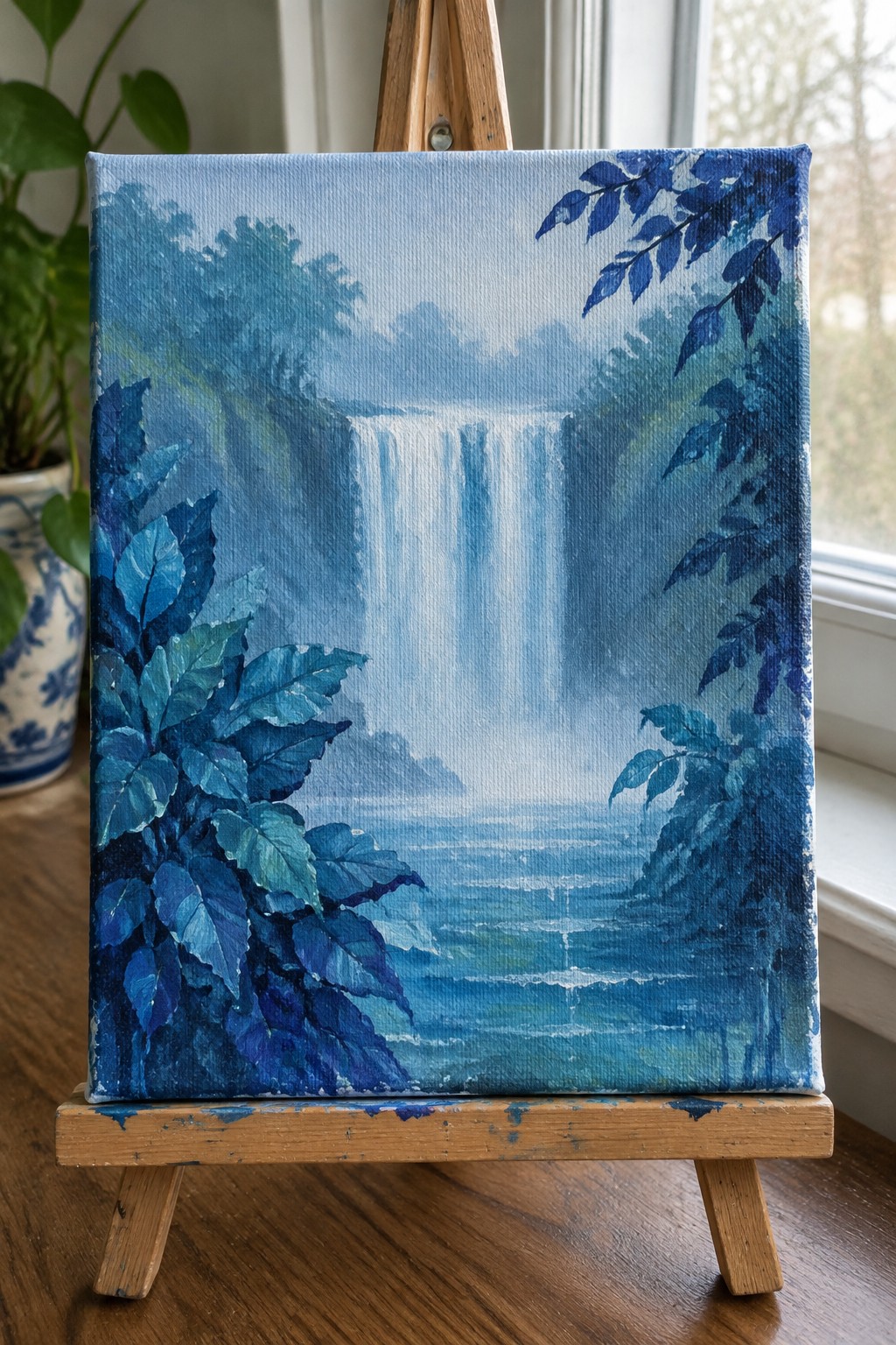 Blue-toned painting on easel shows misty waterfall cascading into wavy ocean with foliage.