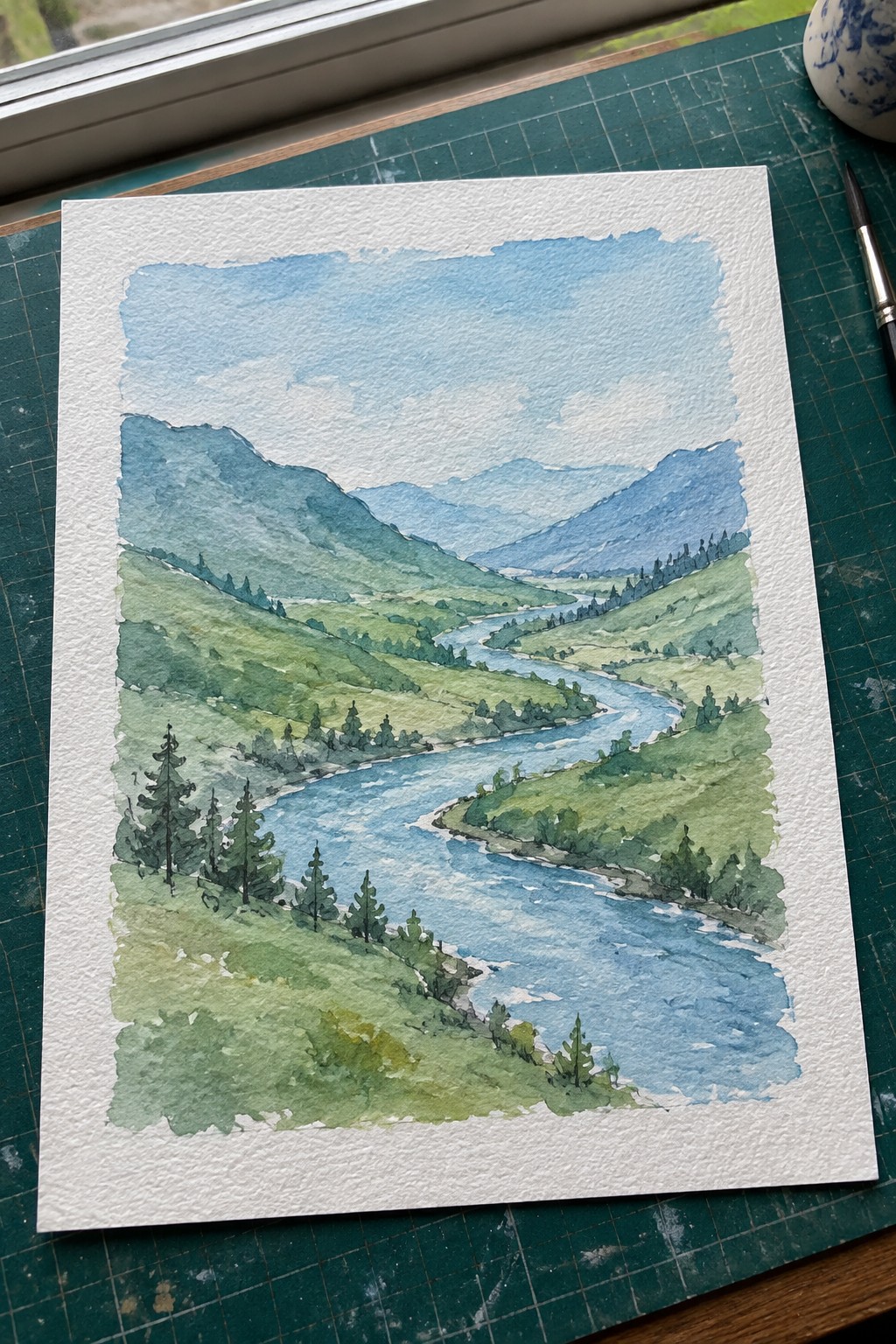 Watercolor painting of winding blue river through green mountains on white paper beside brush