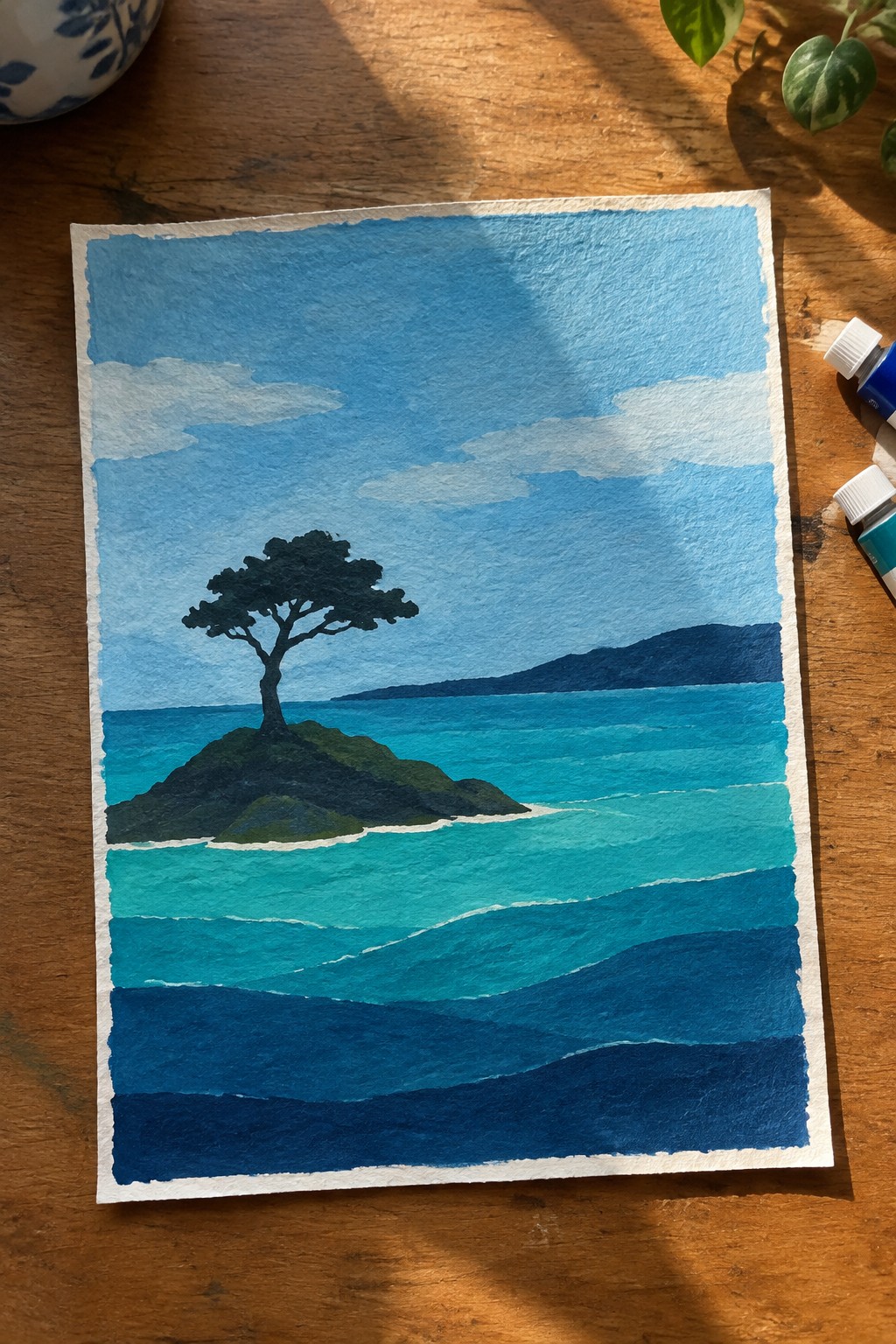 Watercolor seascape with lone tree on small green island amid layered blue waves
