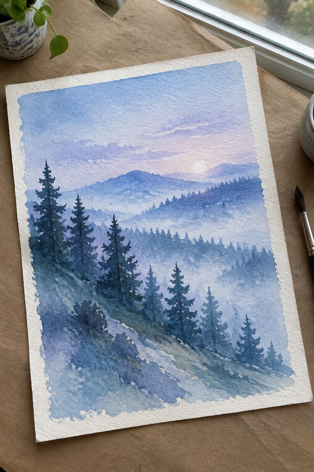 Watercolor painting of misty blue mountains with pine trees at sunrise