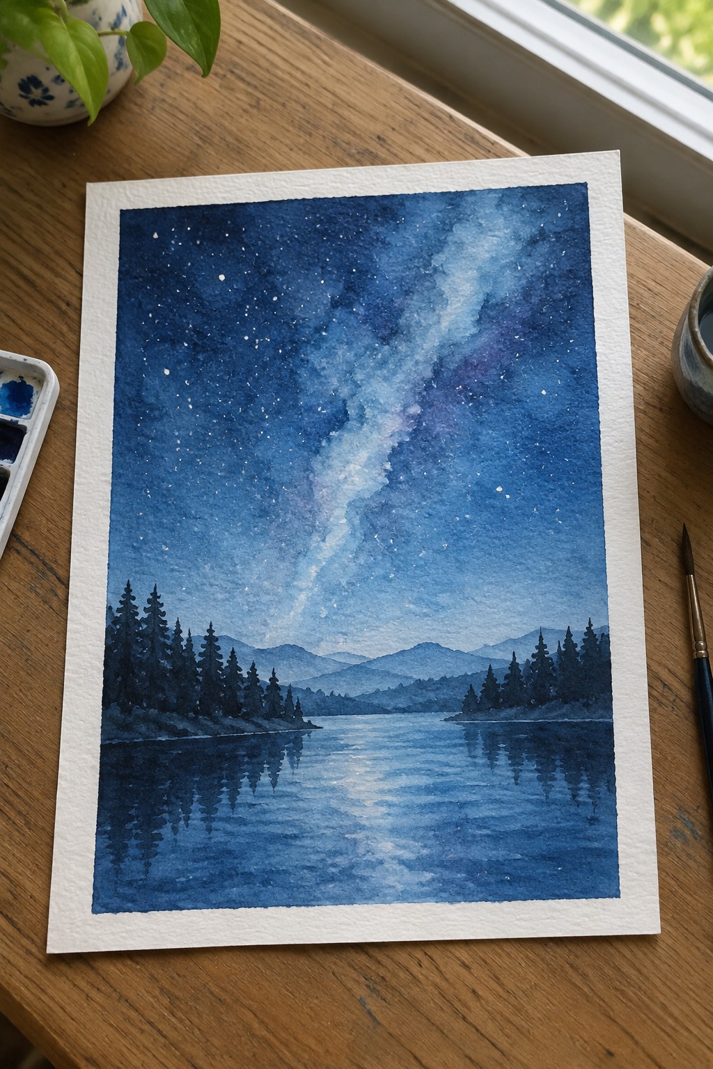 A watercolor painting of a starry night sky with the Milky Way above a reflective lake, silhouetted pine trees, and mountains in shades of blue.