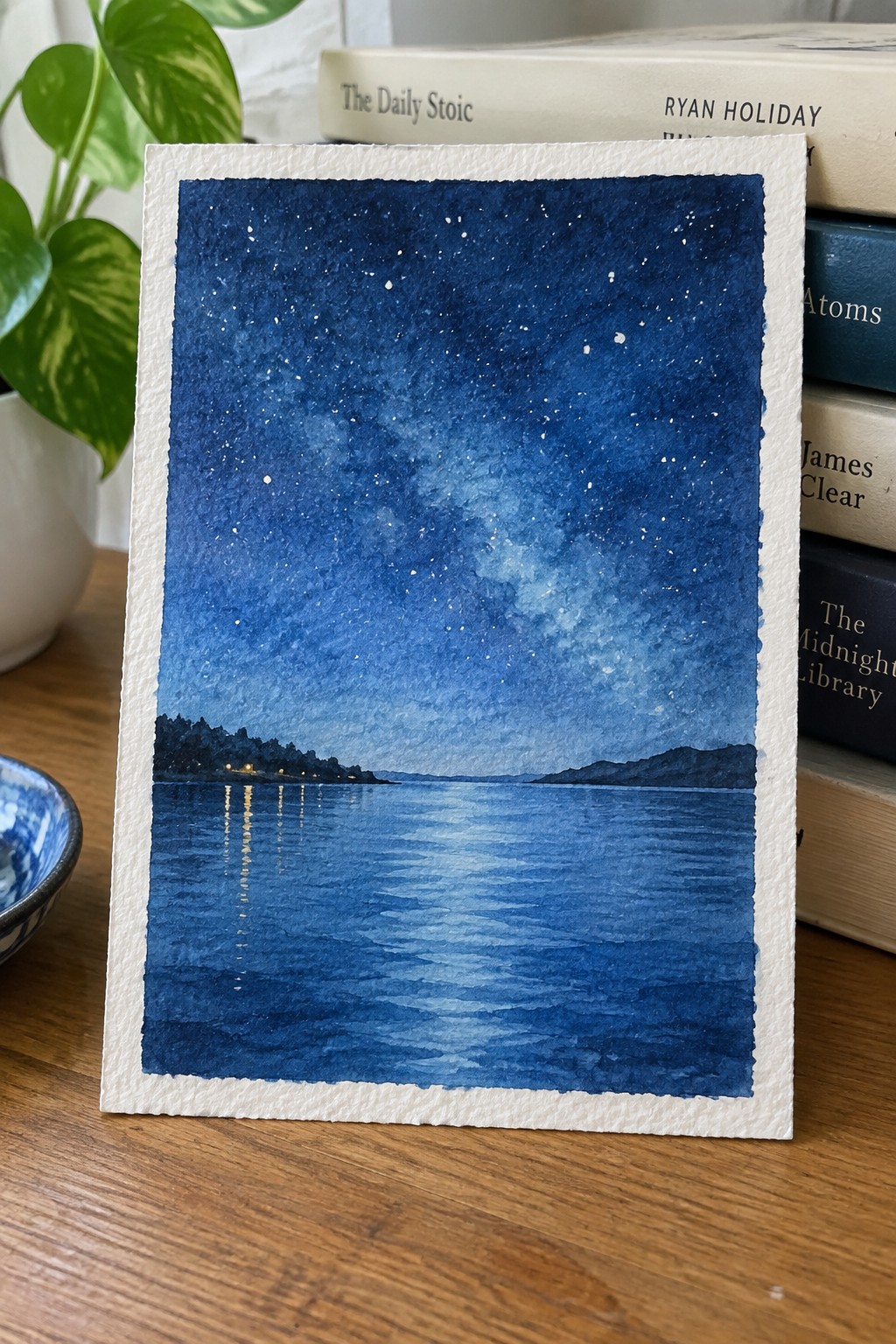 Watercolor painting of starry night sky over reflective water leaning on books.
